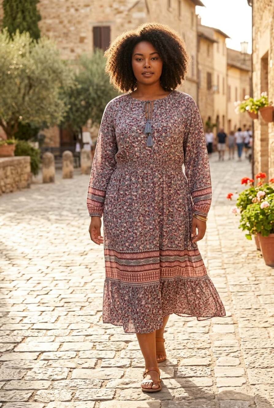 Knox Rose Floral Long Sleeve Boho Midi Dress Size L